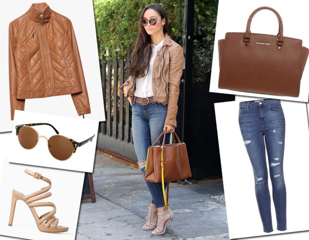 Cara Santana e il suo look giacca di pelle skinny jeans e sandali con tacco Tu Style
