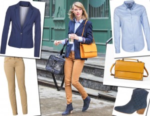 Taylor Swift: giacca blu, jeans skinny e tracolla senape