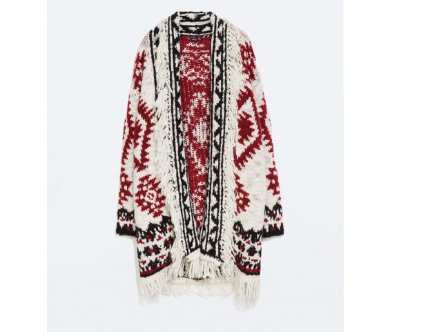 Cardigan oversize jacquard con frange