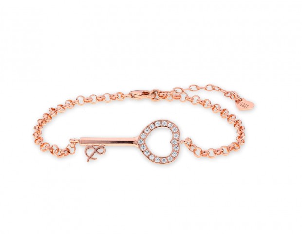 Bracciale in argento placcato oro rosa a forma di chiave con cuore e zirconi