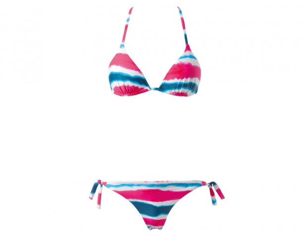 Top a triangolo e slip con laccetti a righe multicolor