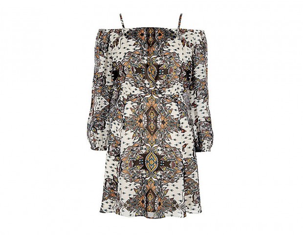 Mini abito off shoulders a stampa