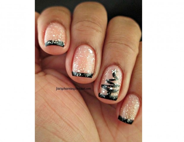 French manicure in nero con top coat glitter e albero di Natale