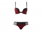 Completino reggiseno e slip neri con inserto in pizzo rosso