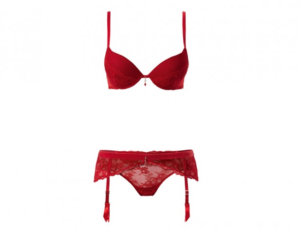 Completino total red reggiseno, slip e reggicalze in pizzo