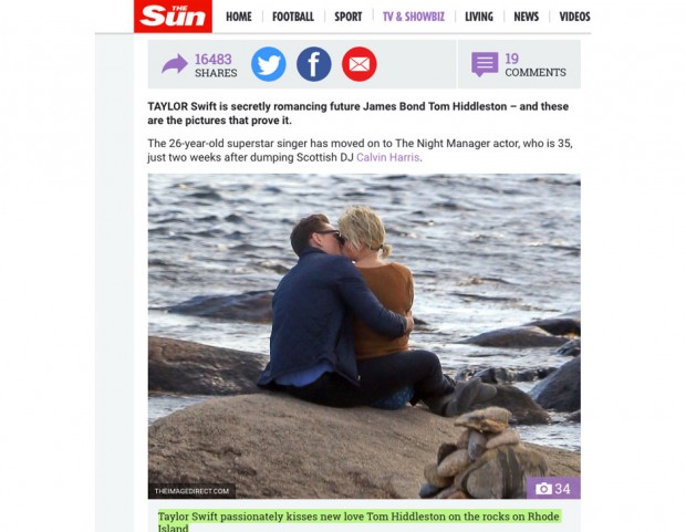 Dal sito del tabloid The Sun con il bacio appassionato tra Taylor Swift e Tom Hiddleston