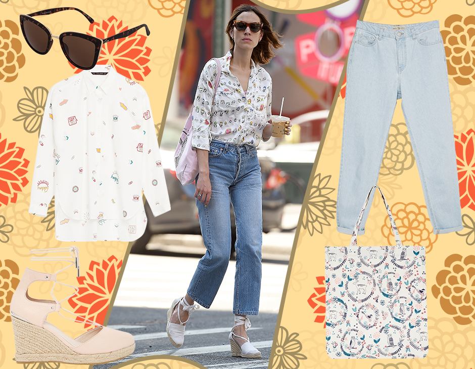 Camicia stampata, zeppe in corda e mom fit jeans come Alexa Chung - Tu Style