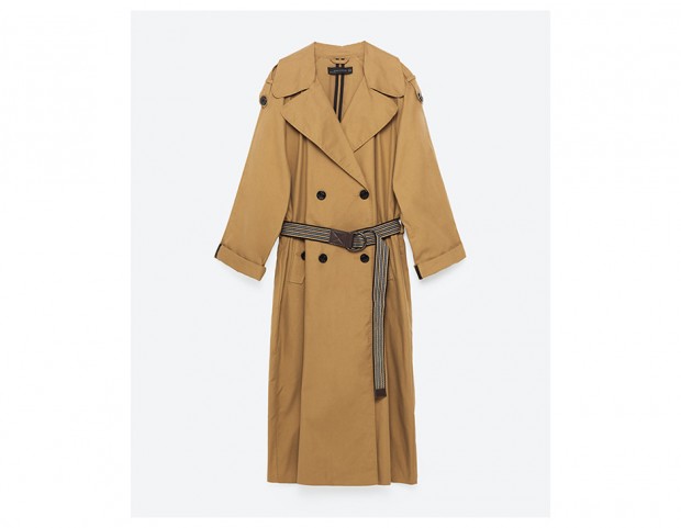 Trench lungo con cintura a righe