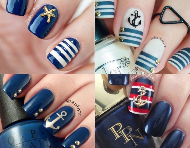 La nail art nautical porta lo stile alla marinara sulle tue unghie! Sfoglia la gallery e prendi ispirazione! (Photo credit: Instagram e Pinterest, collage di Francesca Merlo)