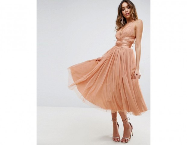 Midi dress in tulle cipria