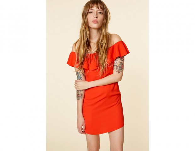 Minidress corallo con inserto in tulle carne Minidress corallo con inserto in tulle carne