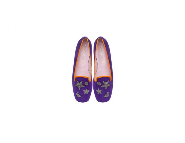 Slippers in velluto viola con ricami Swarosky di stelle e lune