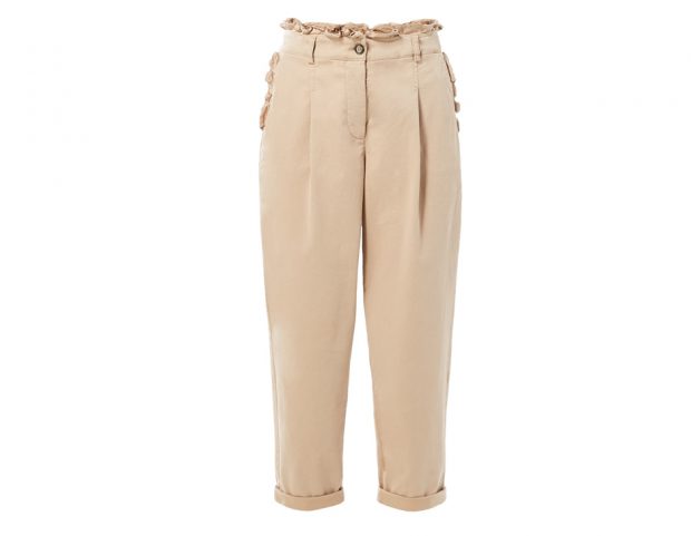 Pantaloni corti in cotone beige con ruches