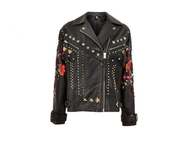 Giacca di pelle con fiori e ricami di paillettes