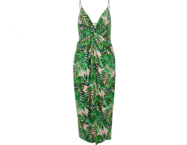 Green palm print twist front knot dress
