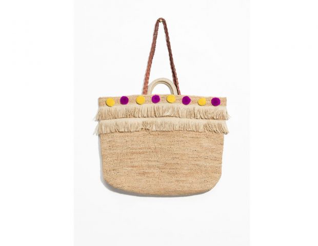 Woven Straw Pom Pom Tote