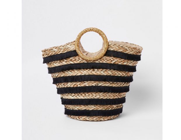 Black tassel stripe woven straw basket bag