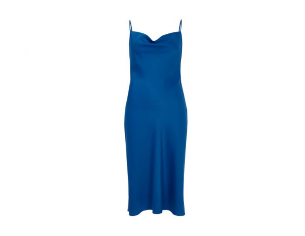 Blue satin cowl neck slip dress