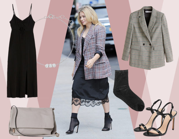 Chloë Moretz abbina con stile blazer check e abito a sottoveste