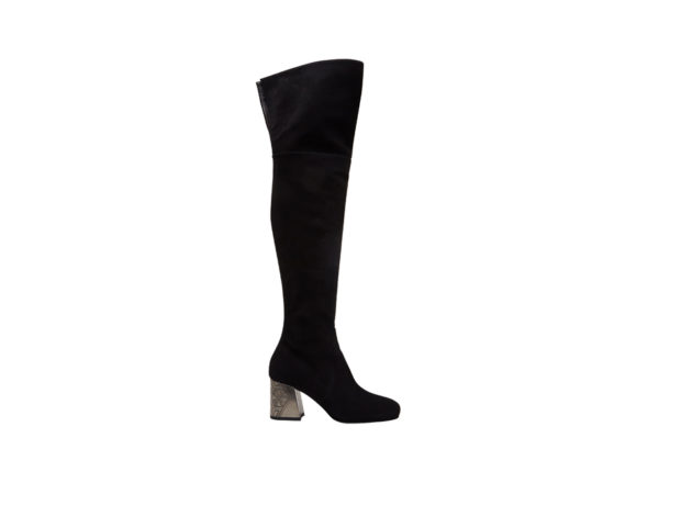 Stivali cuissardes in suede nero con tacco galvanizzato con incisioni