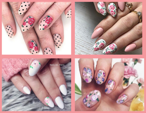 Voglia di unghie primaverili? Sfoglia la gallery per scoprire le nail art più belle con le rose! (Photo credits Instagram @marienails, @winiarskadaria, @Nails_by_Tiana, @doominikanin, collage by Francesca Merlo)